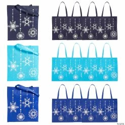 New 🔥 15 1/4" x 16 1/2" Large Nonwoven Blue Snowflake Tote Bags - 12 Pc. 💯