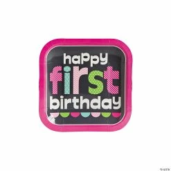 Best Pirce 🛒 1st 🥳 Birthday Party Pink Chalkboard Square Paper Dessert Plates - 8 Ct. 😍