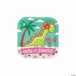 Best Pirce 😀 Girl Dinosaur Party Cute-O-Saurus Square Paper Dessert Plates - 8 Ct. 🎉