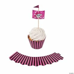 Budget ⭐ Pink Pirate Cupcake Wrappers with Picks - 100 Pc. 🌟